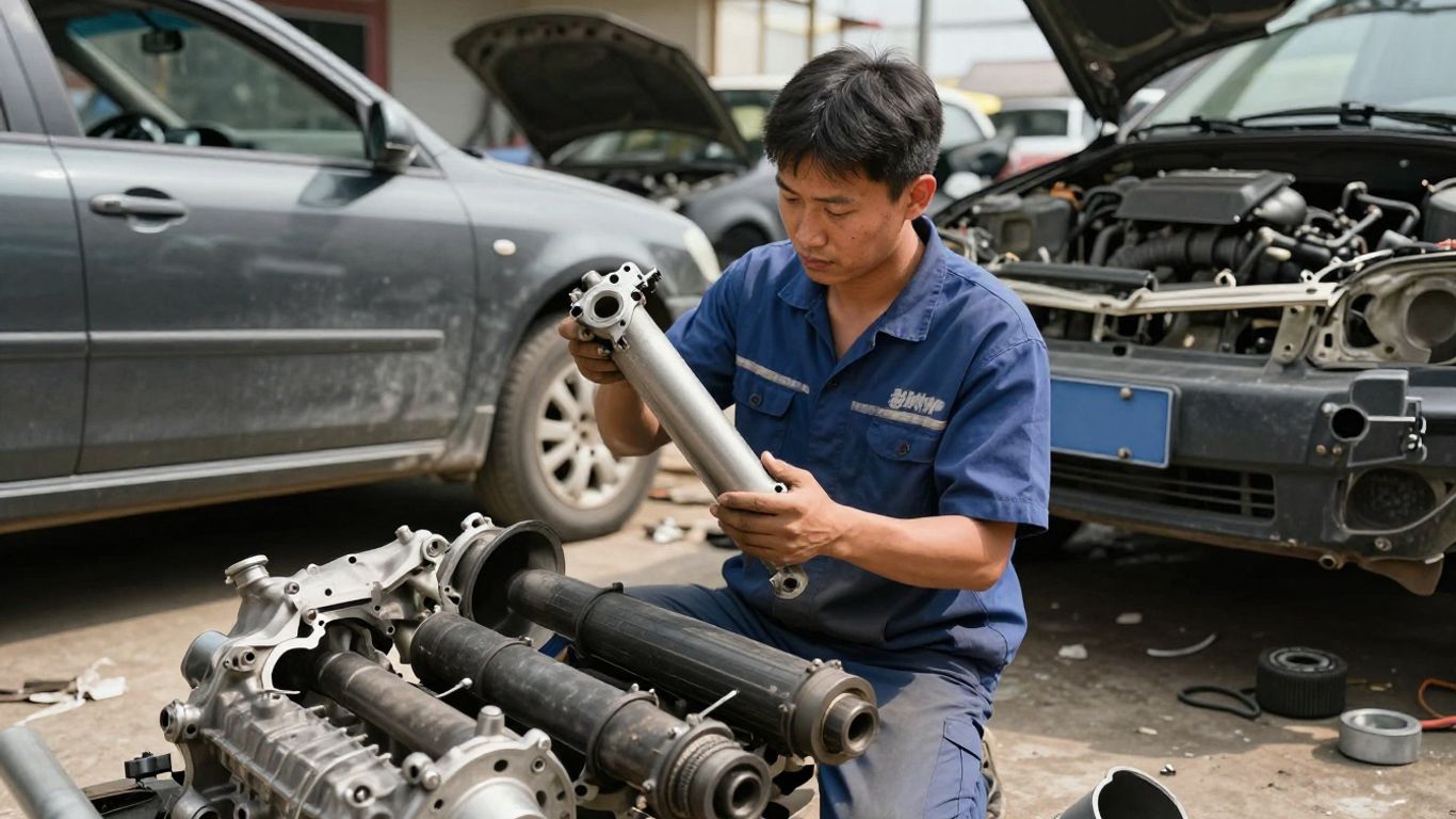 Mechanic with car transmission in busy Canberra wrecker yard