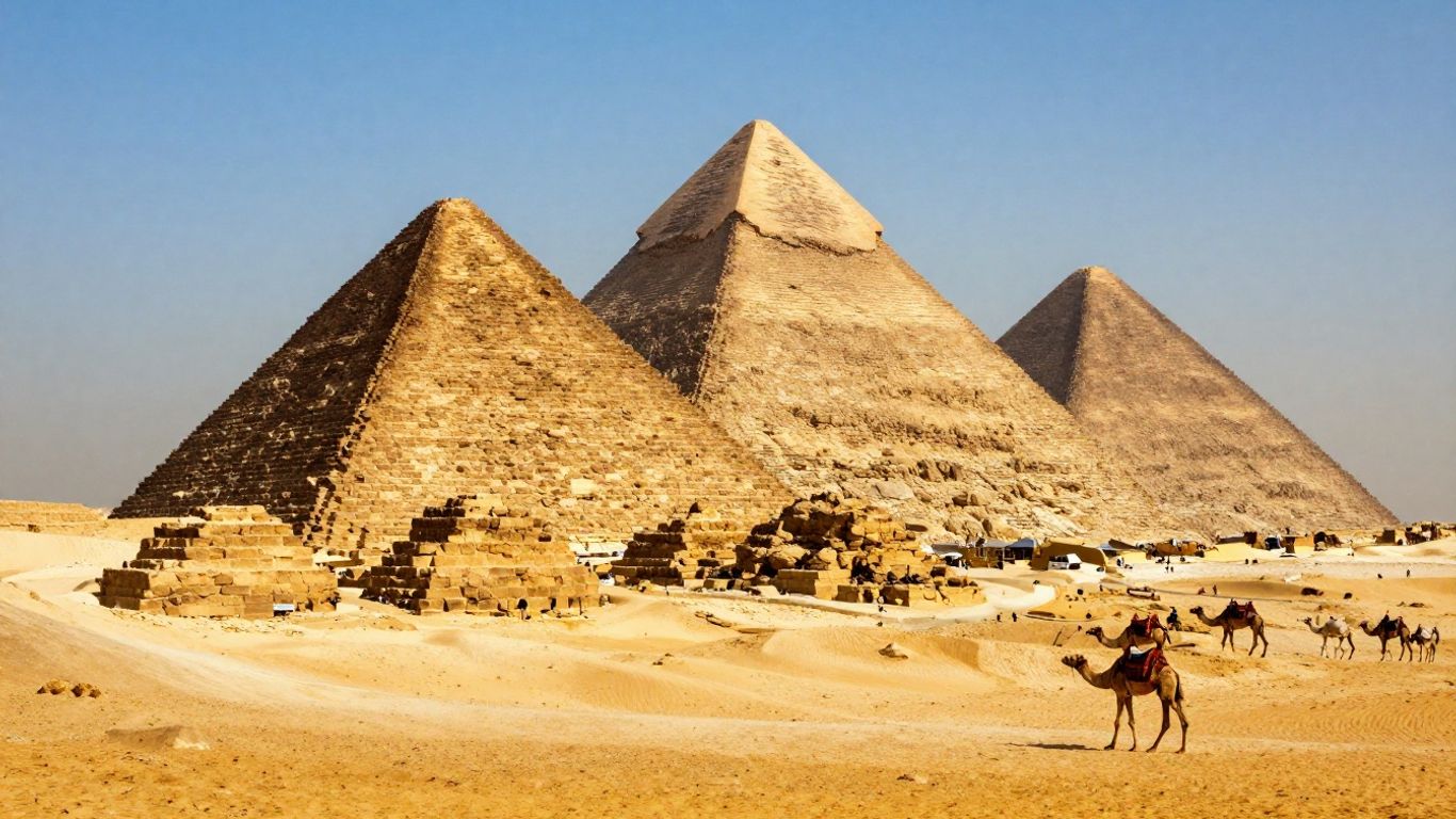 Great Pyramids of Giza with camels in the desert.