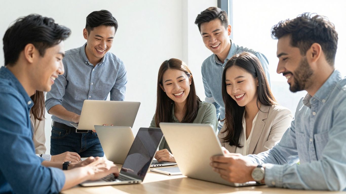 People happily using laptops and tablets.