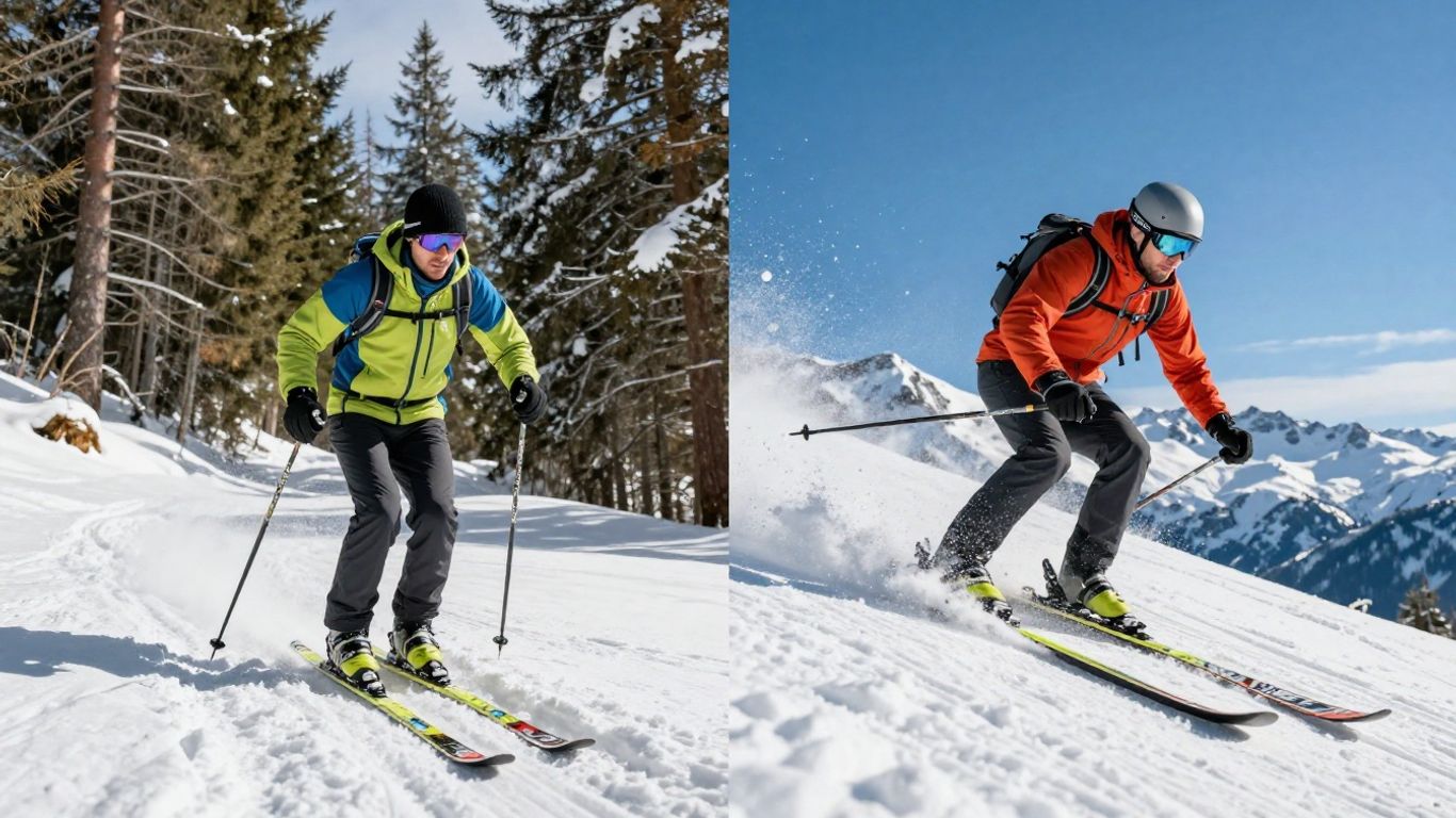 Langläufer und Alpin-Skifahrer auf verschneiten Pisten