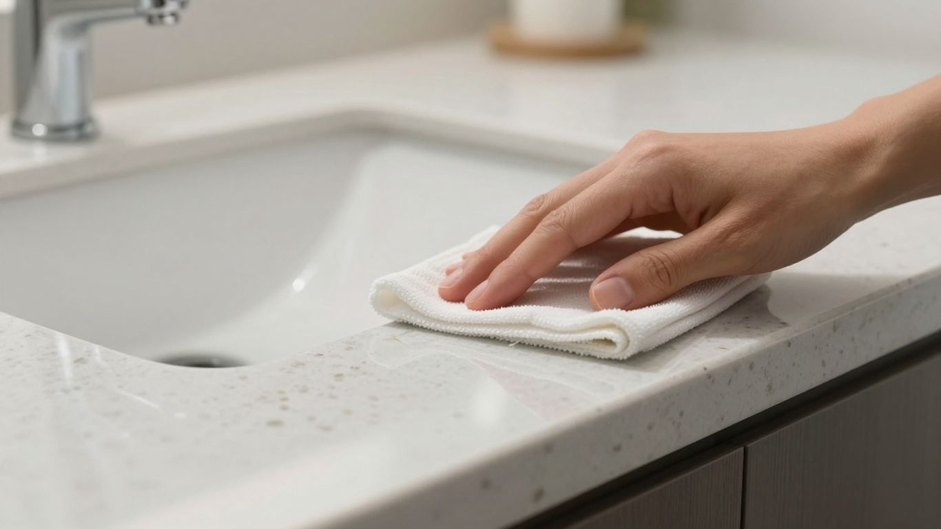 Clean quartz worktop with a hand wiping a smudge.
