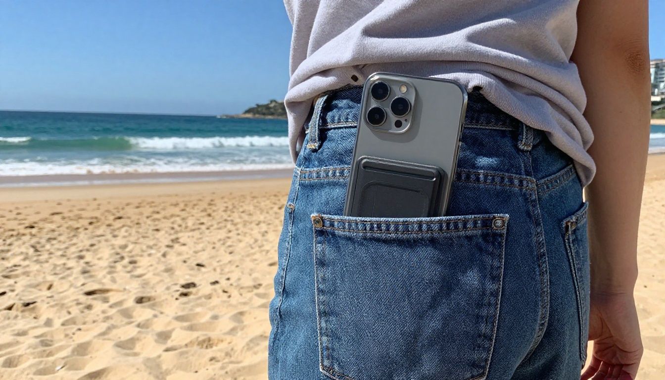 Someone slipping their iPhone 15 Plus with a slim card holder case into their back pocket before going for a walk along a Sydney beach.