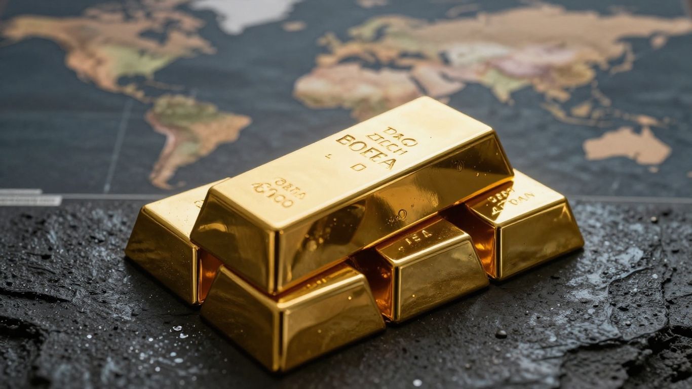 Lingot d'or sur fond de carte du monde floue.