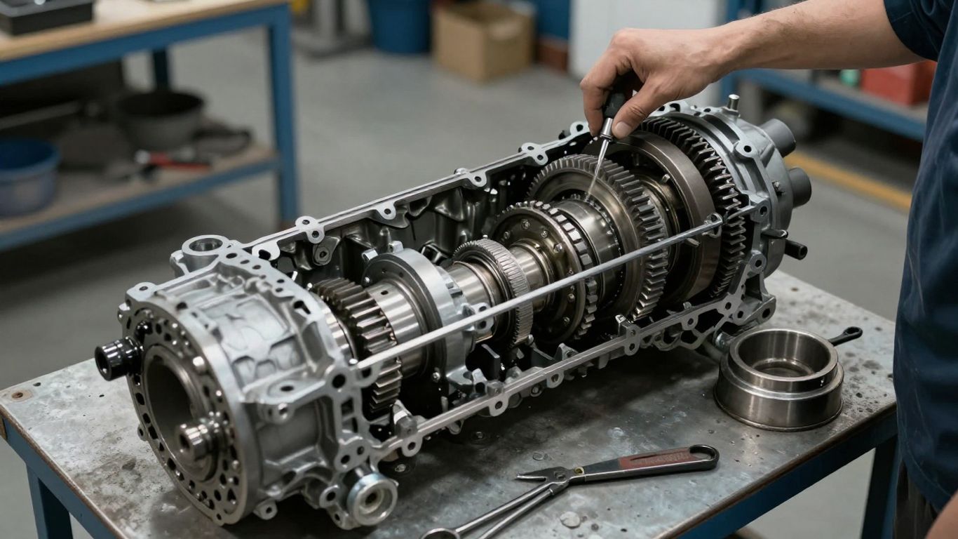 Mitsubishi Triton gearbox inspection on workshop bench