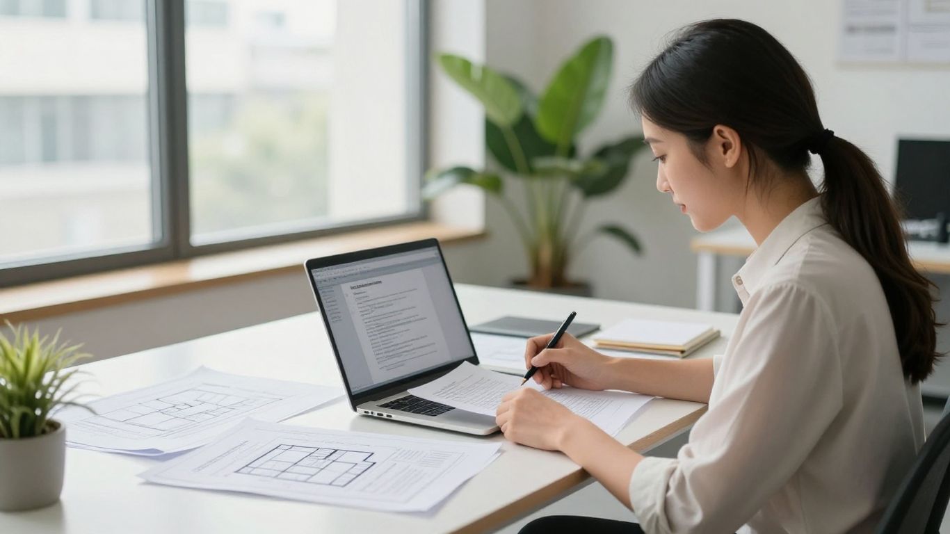 Person completing administrative documents in a modern office.