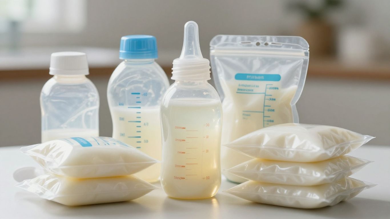Various breast milk storage bags, some filled, some empty.