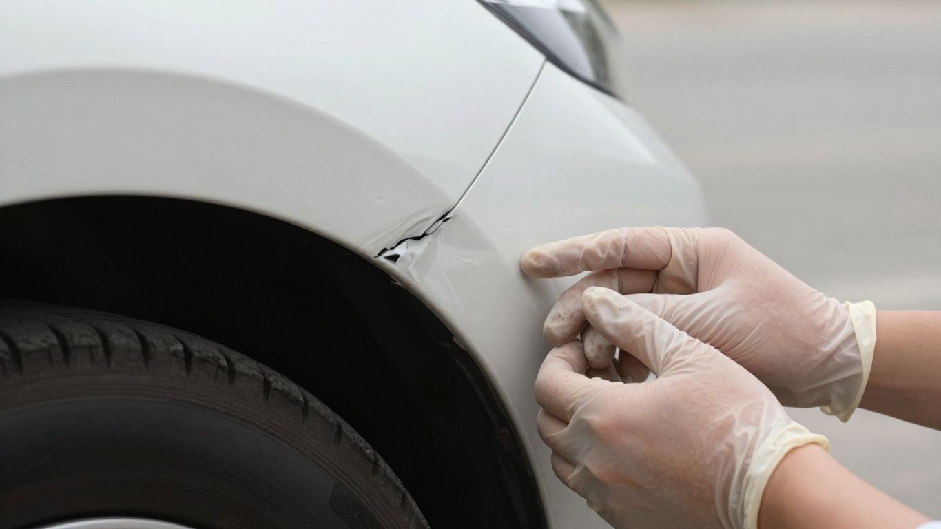 Beschädigtes Auto wird begutachtet, Fokus auf Schaden und Hand.