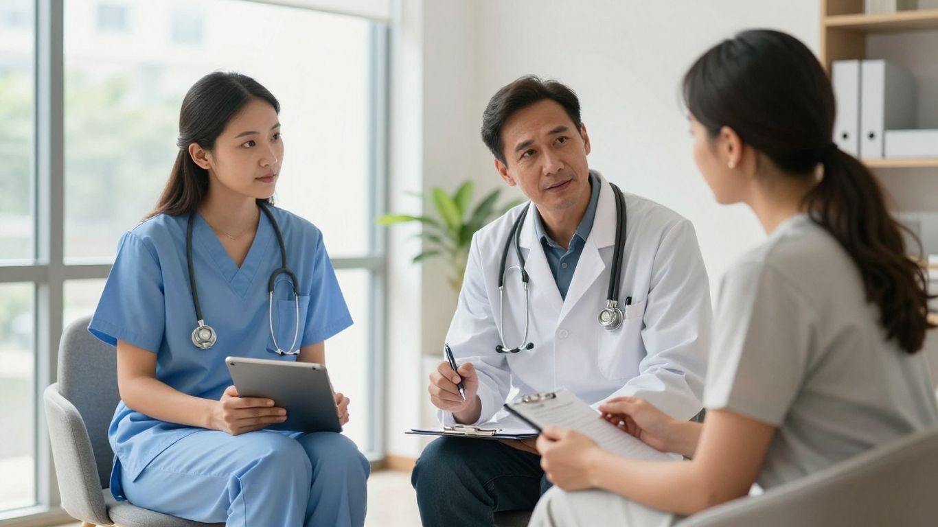 Doctors discussing a patient referral in clinic