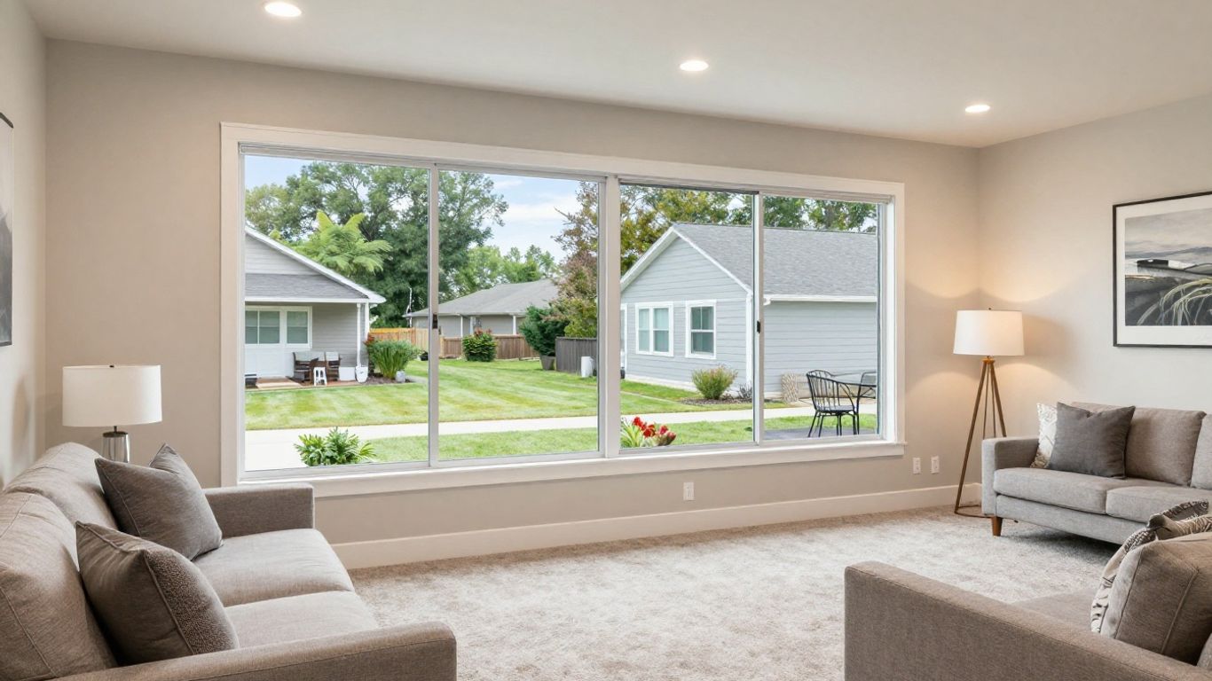Finished basement with modern furniture and natural light.