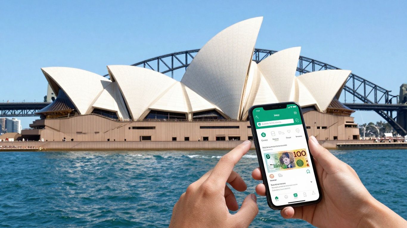 Sydney landmarks and hands holding a money-making app.