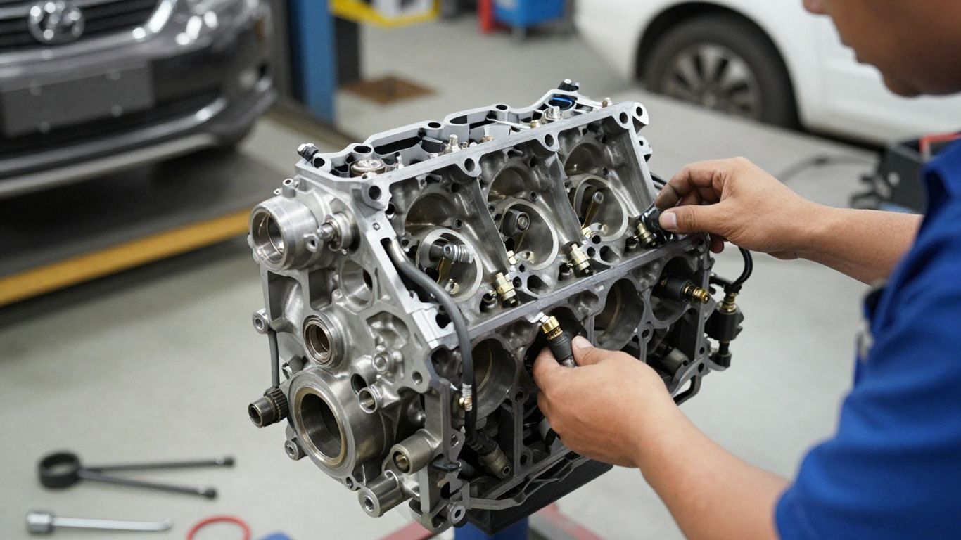 A clean used engine on workshop stand