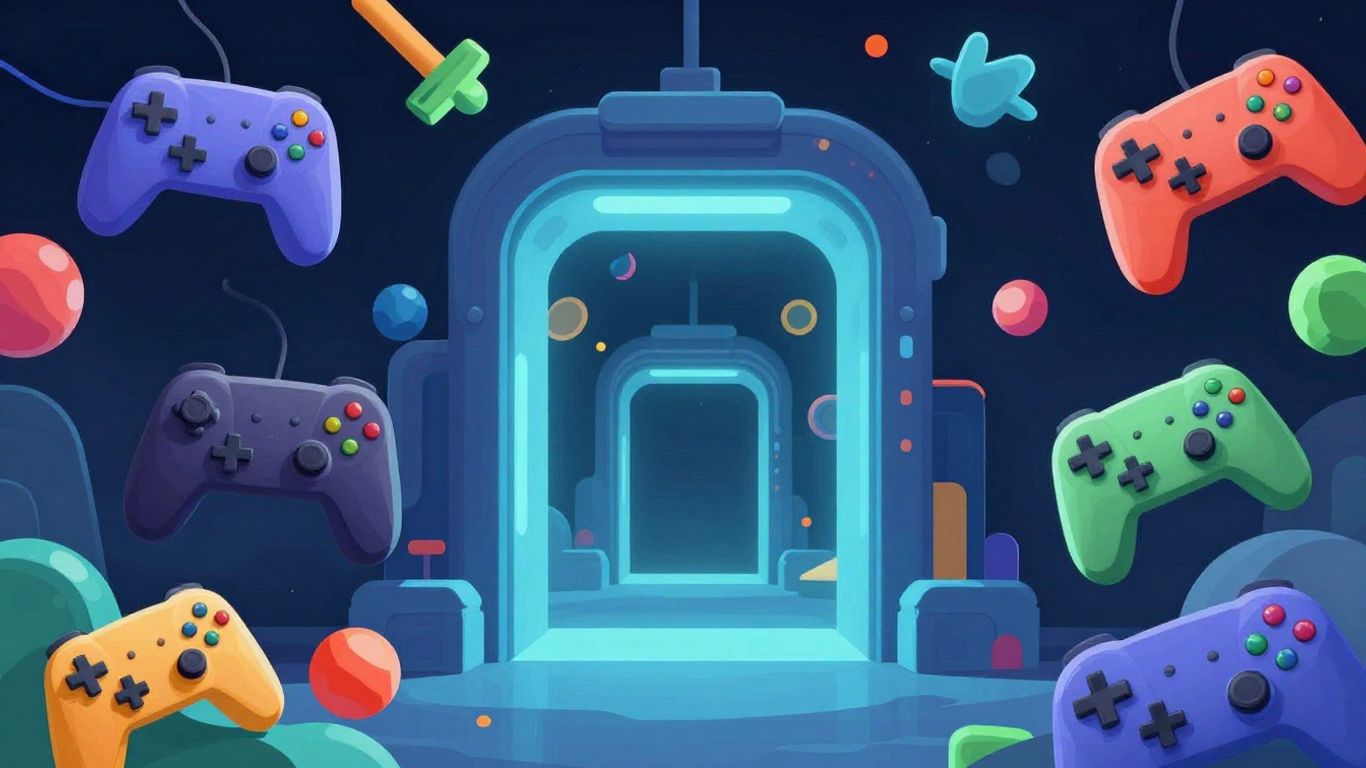 Colorful game controllers and abstract shapes floating.