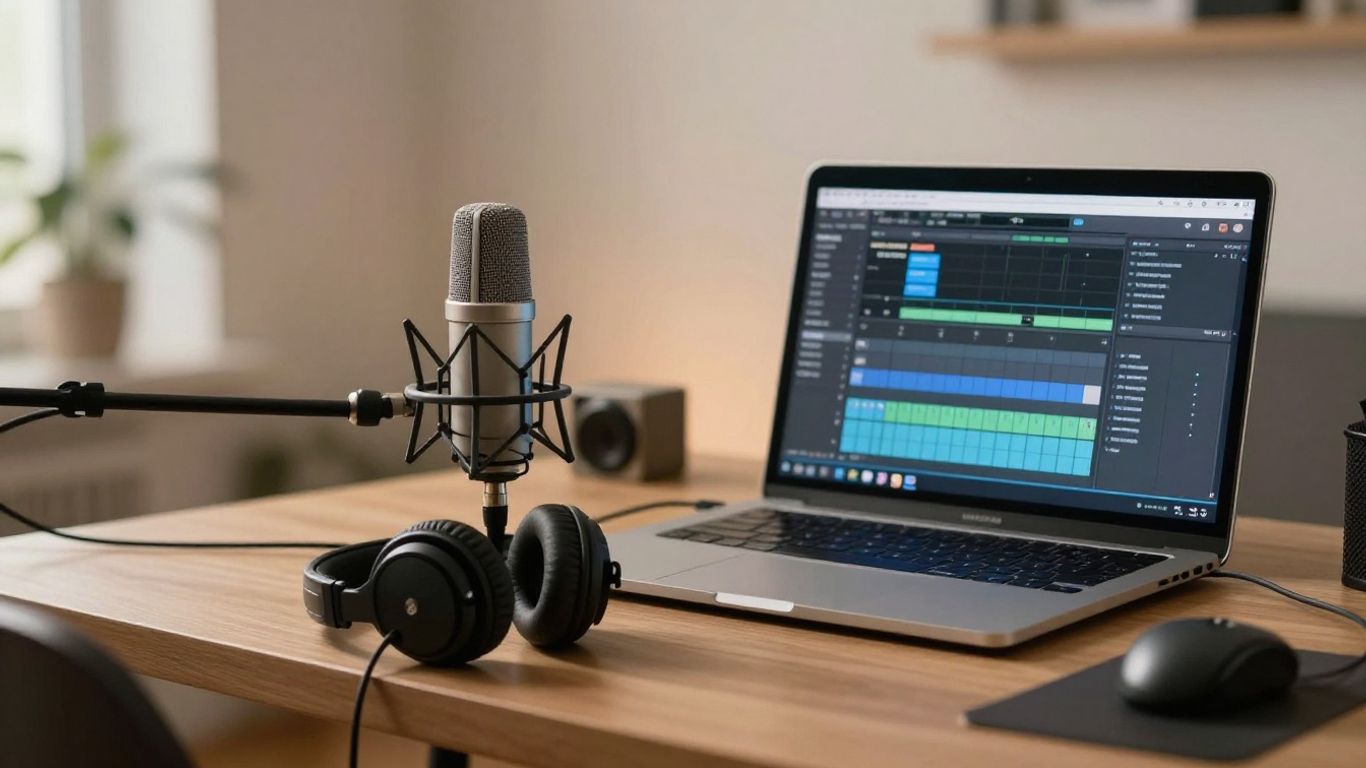 Equipo de podcast profesional en estudio casero moderno.