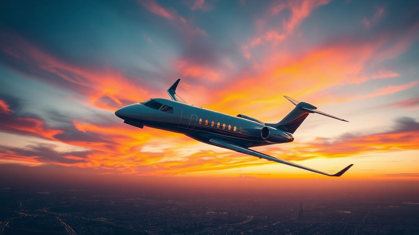 Private jet flying over a city at sunset.