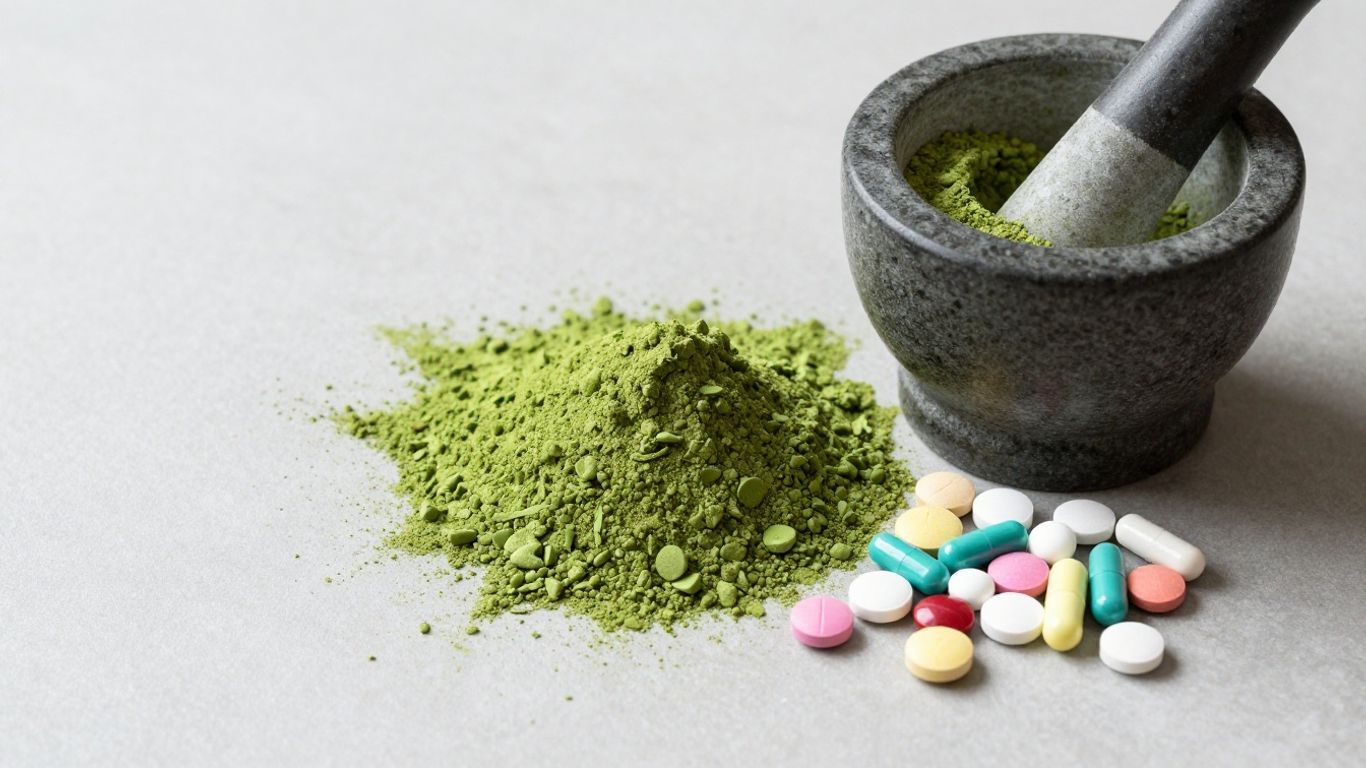 Matcha powder, pills, and mortar and pestle