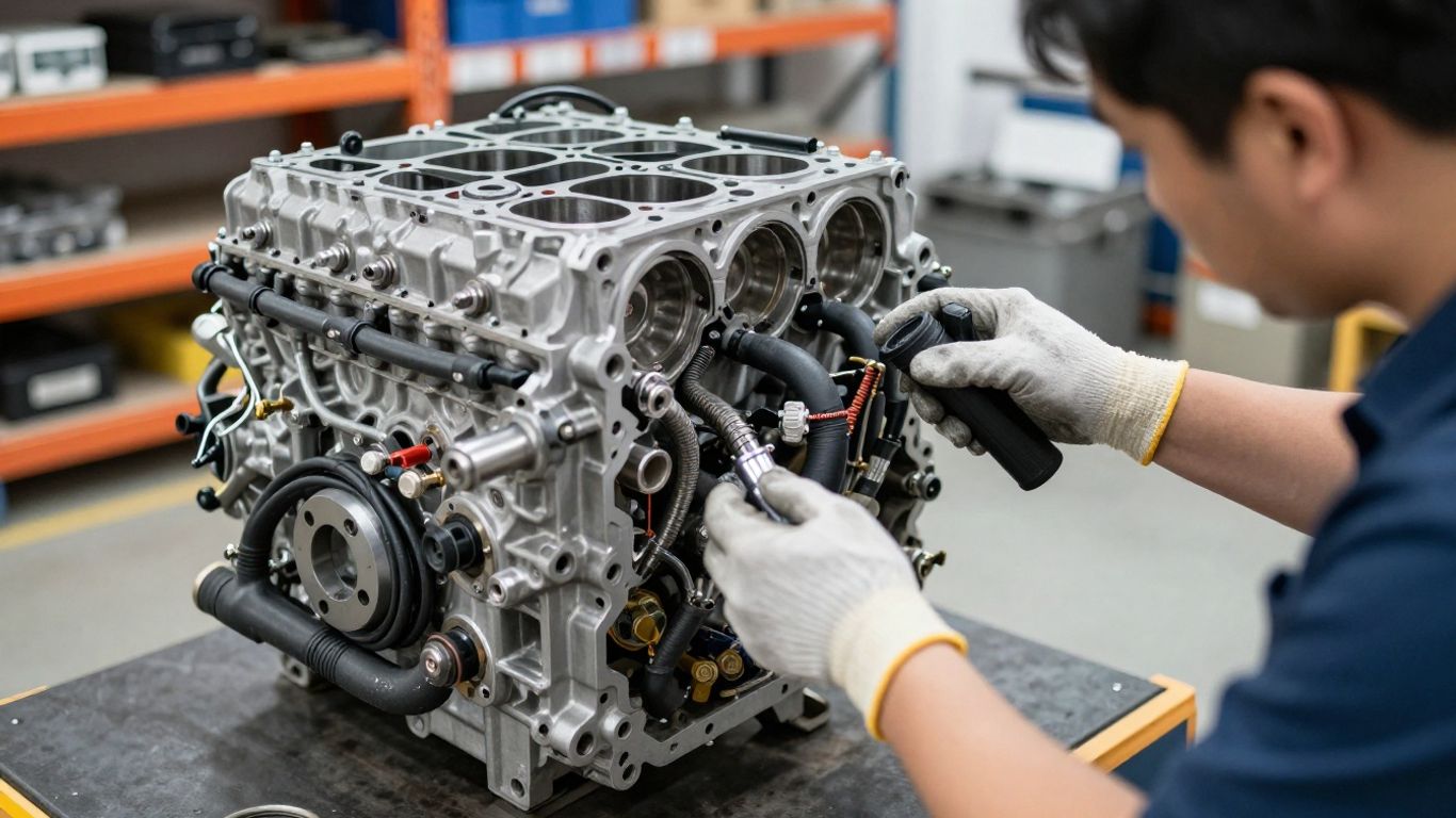 Technician examining used Audi engine components