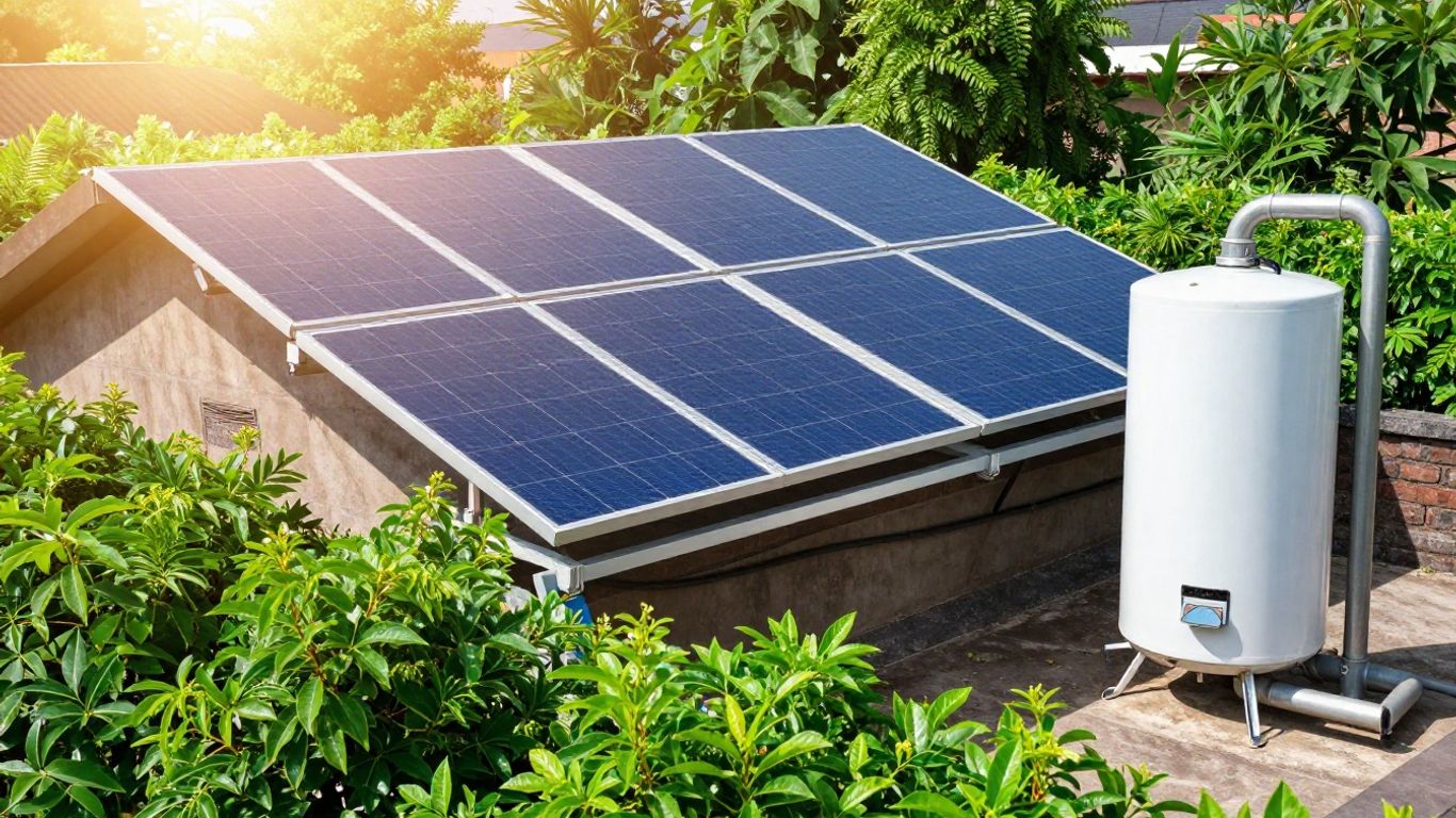 Panneaux solaires sur un toit avec un chauffe-eau.