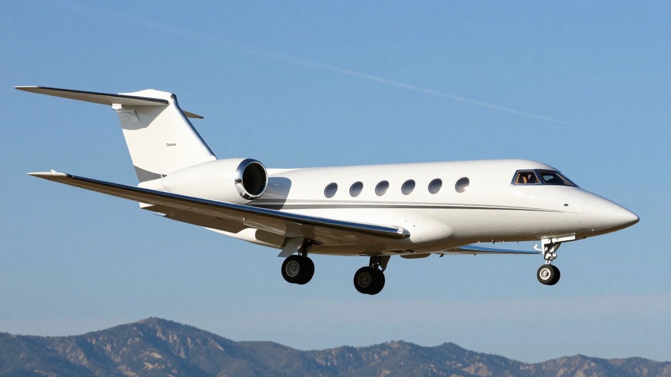Private jet flying high above mountains.