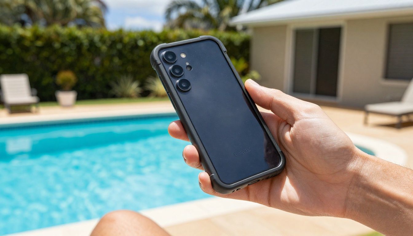 A person using their Galaxy S26 Ultra in a waterproof case near a swimming pool in a sunny Australian backyard