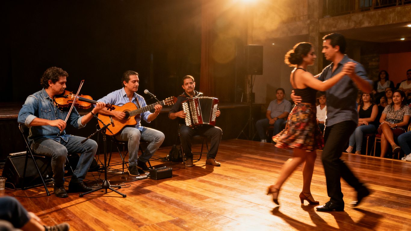 Musicians playing beside dancers in Medellín