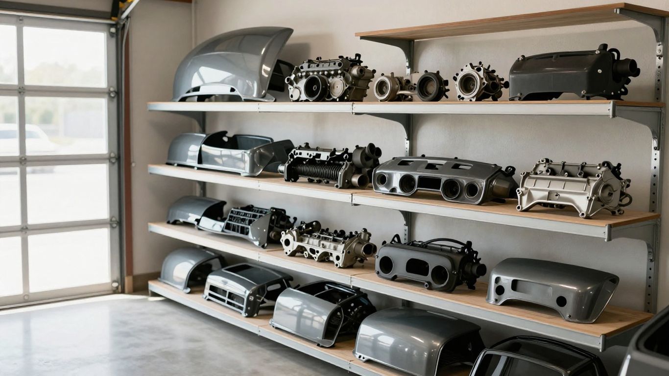 Used Chrysler car parts collection in a garage.