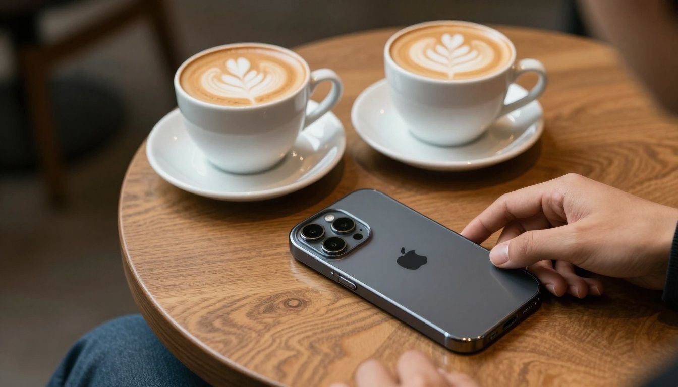 A person sitting at a wooden cafe table with a latte, placing their iPhone 16 Pro in a sleek, dark case next to their cup.