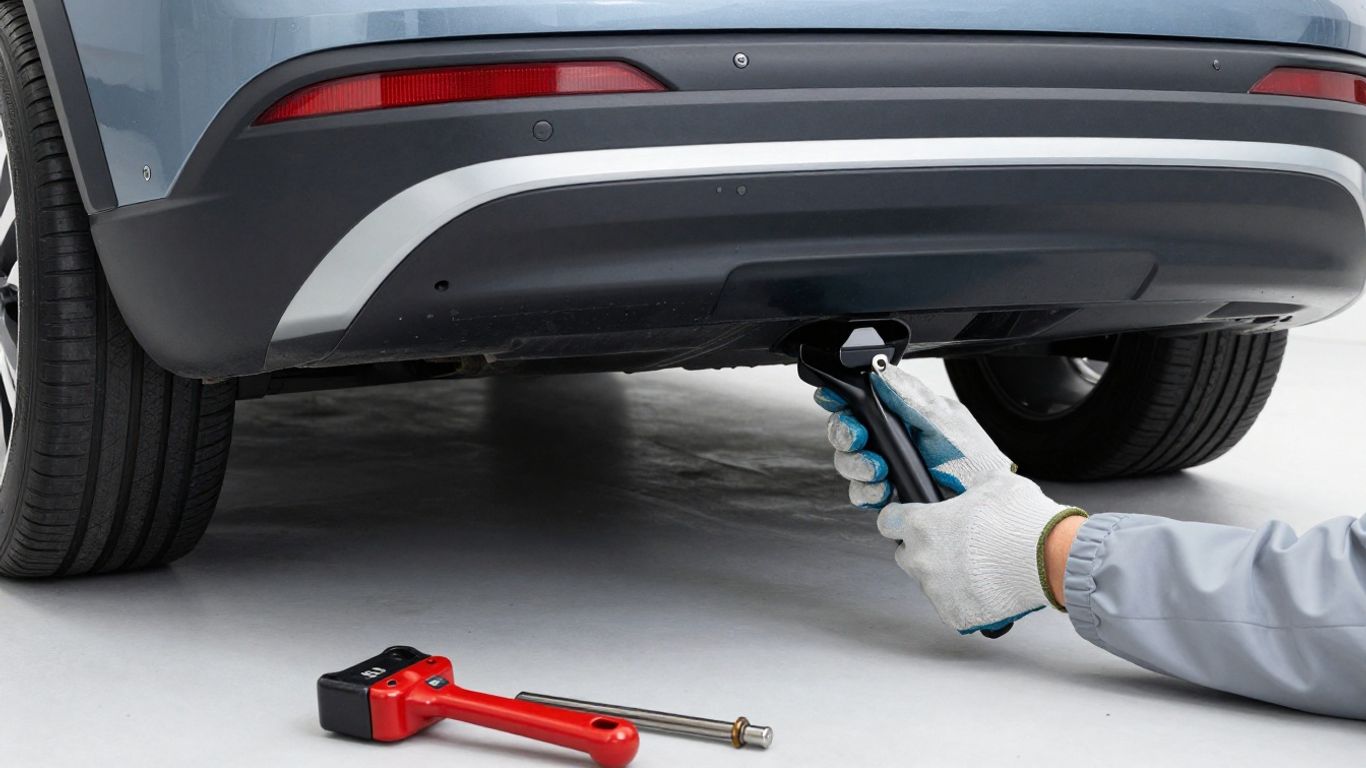 Technician fitting hitch beneath electric SUV
