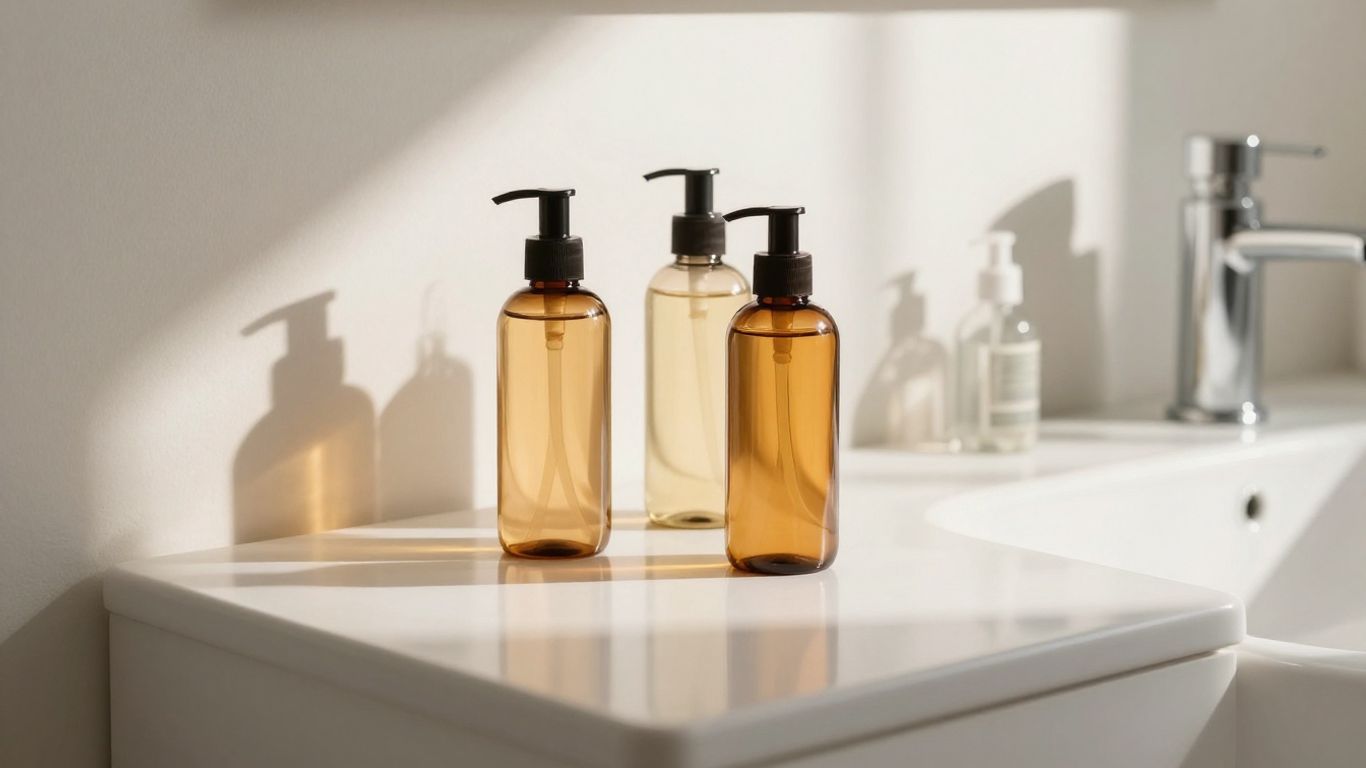 A clean, minimalist workspace featuring various natural personal lubricant bottles