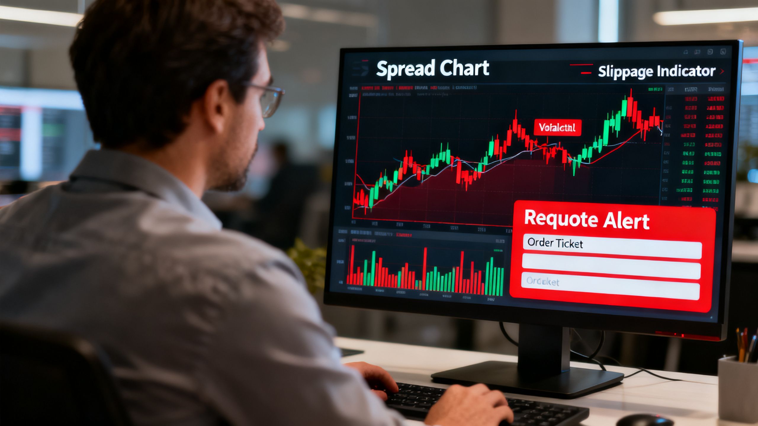 Trader reviewing CFD broker execution quality during a volatile market, with spread charts, slippage indicators, requote alerts, and an order ticket visible on screen