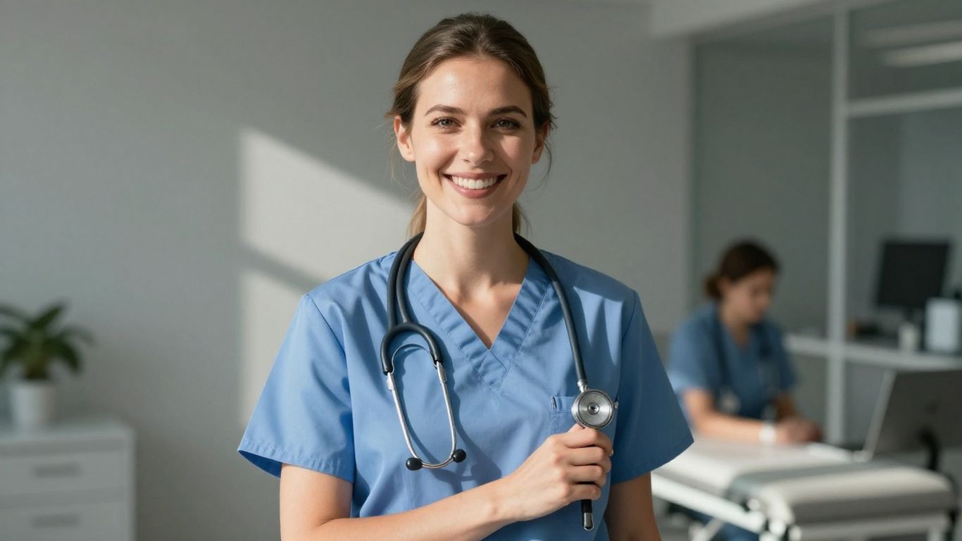 Medical assistant holding stethoscope in Washington State clinic.