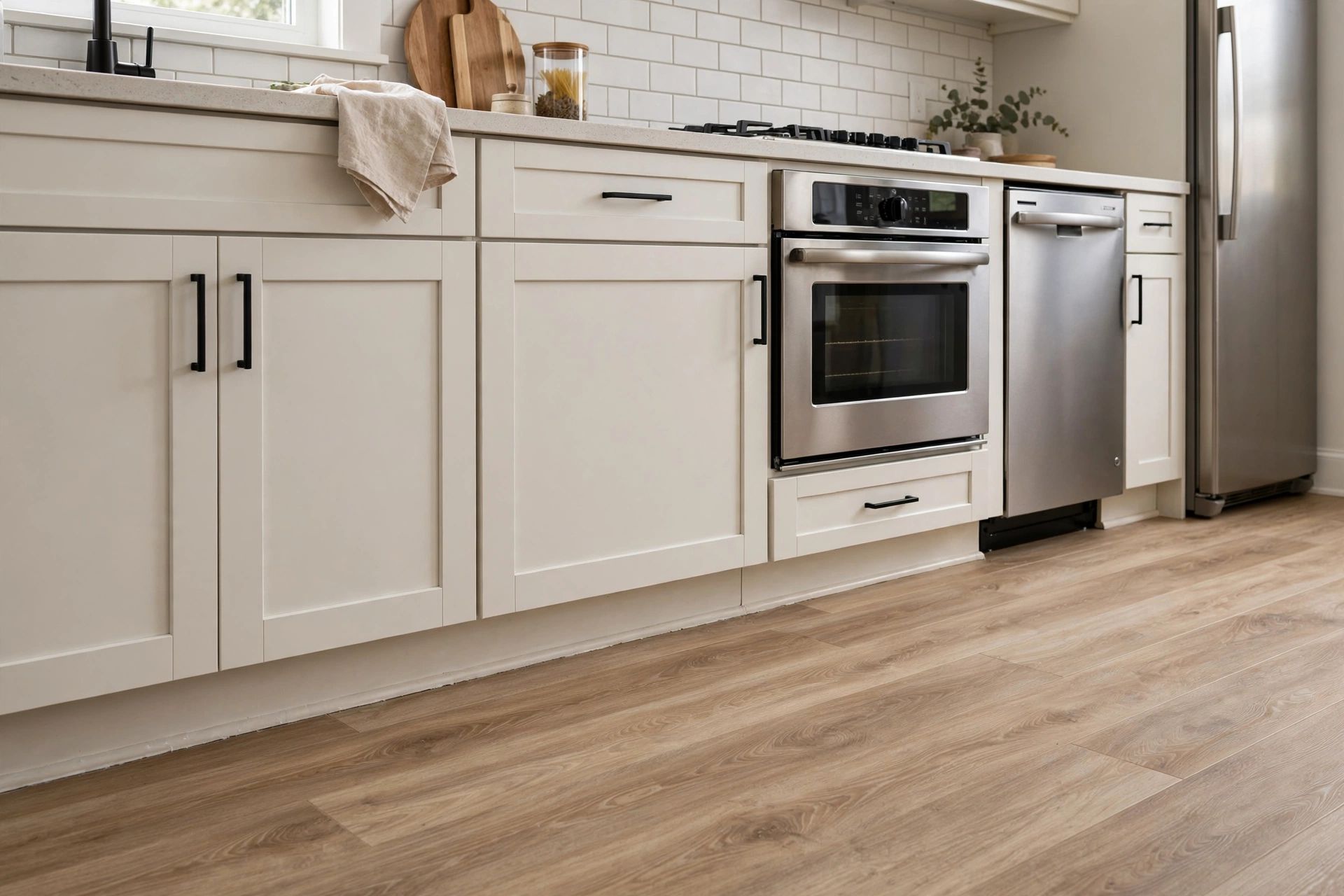 A real fitted kitchen floor showing the flooring meeting kitchen units and appliances