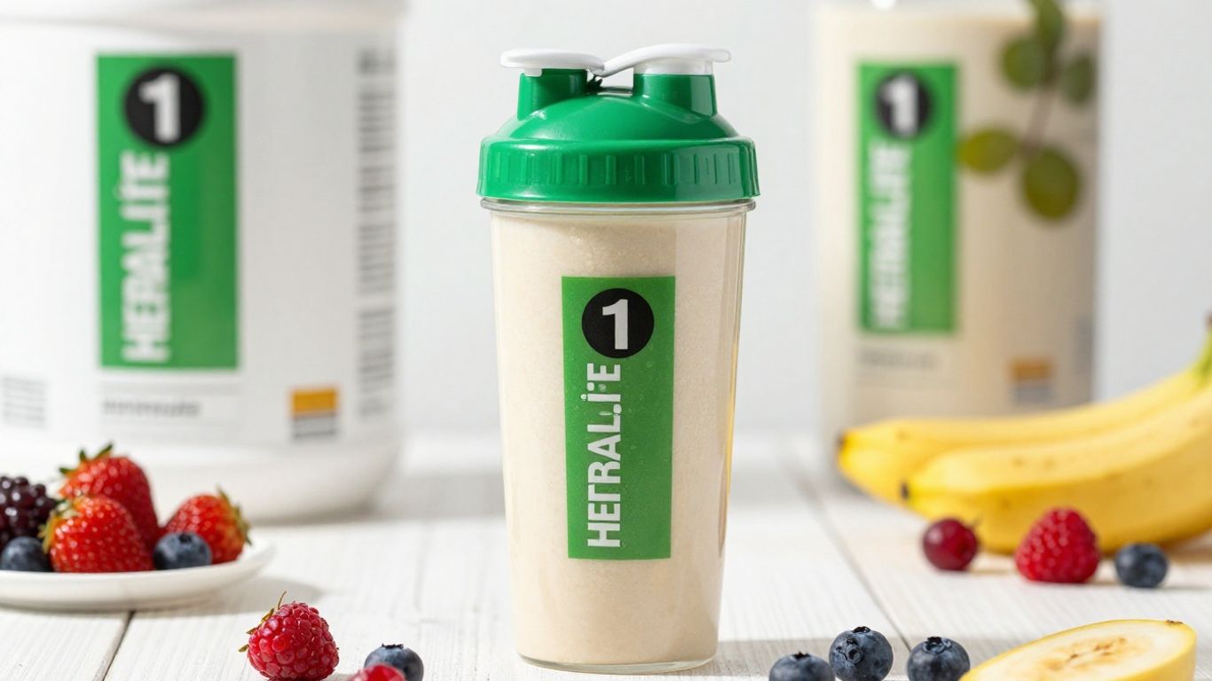 Herbalife protein shake with fruits and shaker bottle.