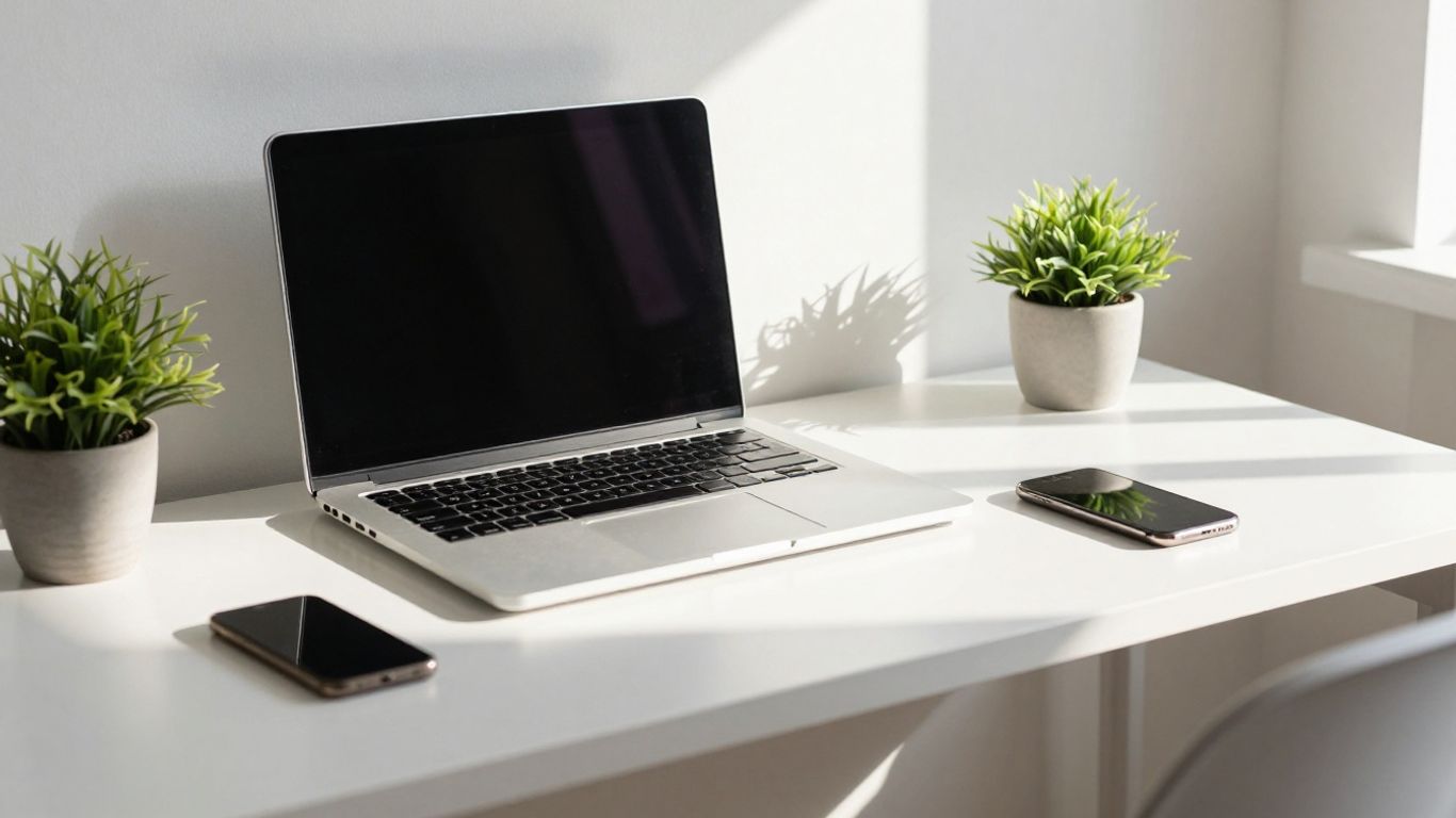 Bureau moderne avec ordinateur portable et plante verte