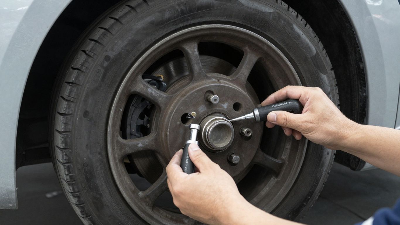 Technician inspecting a brake caliper and wheel assembly