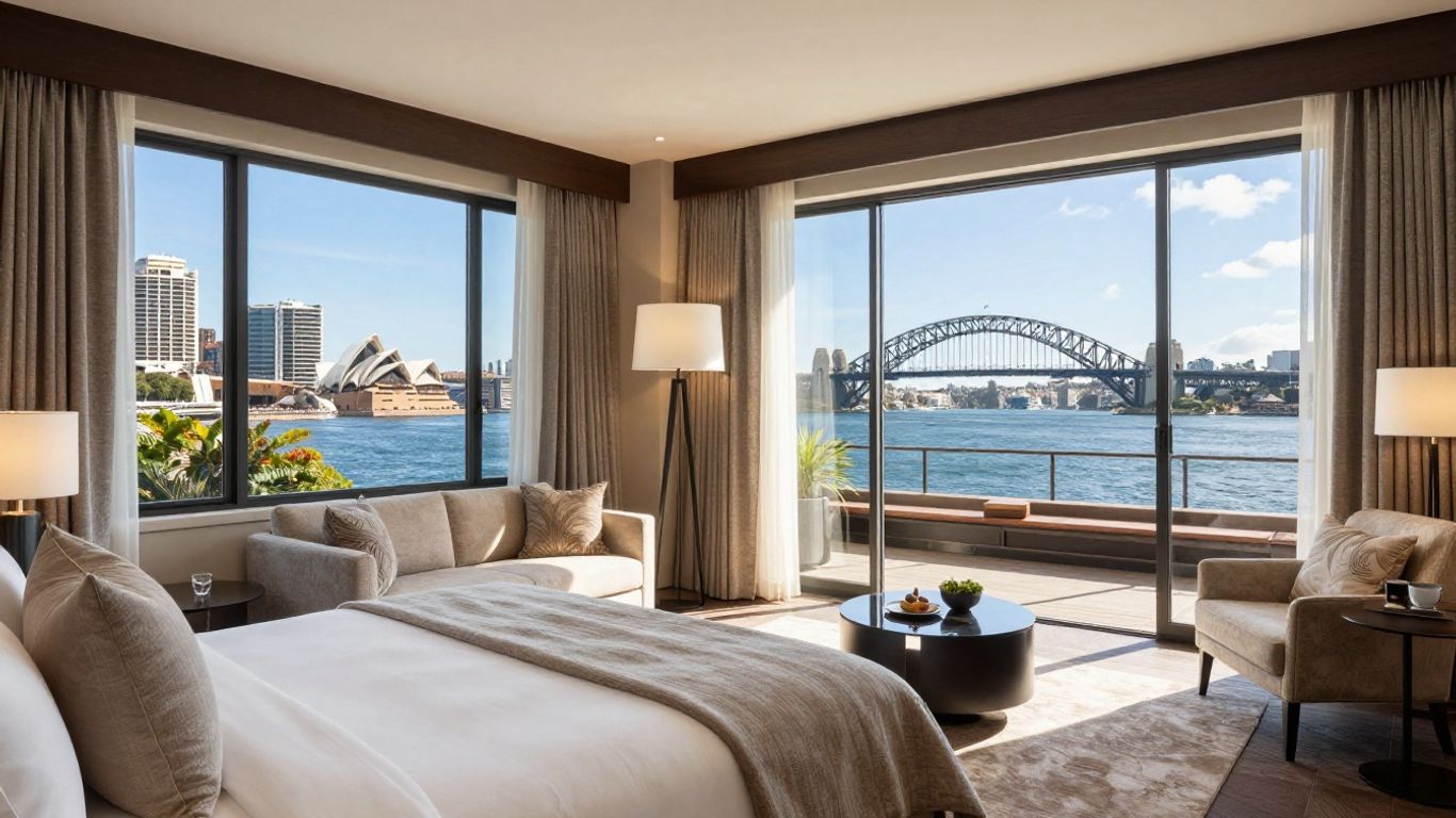 Luxury boutique hotel room with Sydney Harbour Bridge view.