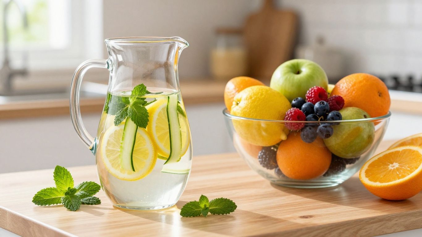 Healthy kidney cleanse ingredients: lemon, cucumber, mint, and berries.