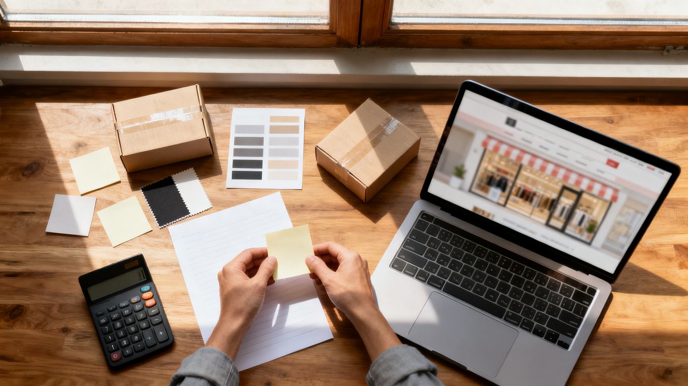 Seller reviewing product samples and market notes