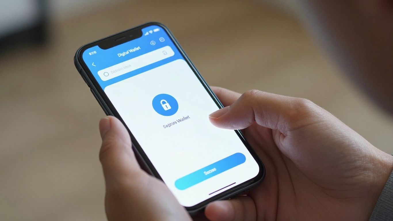 Hands holding smartphone with blockchain wallet login screen.