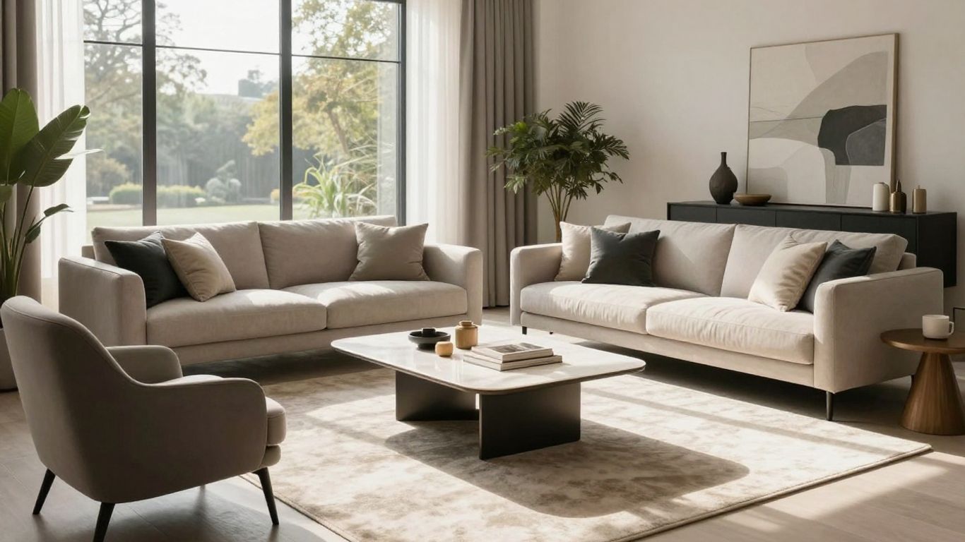 Modern living room furniture for Airbnb rentals.