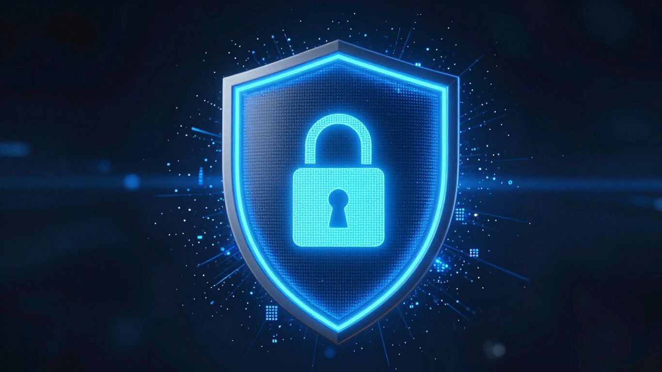 Digital shield with lock icon, cybersecurity concept.