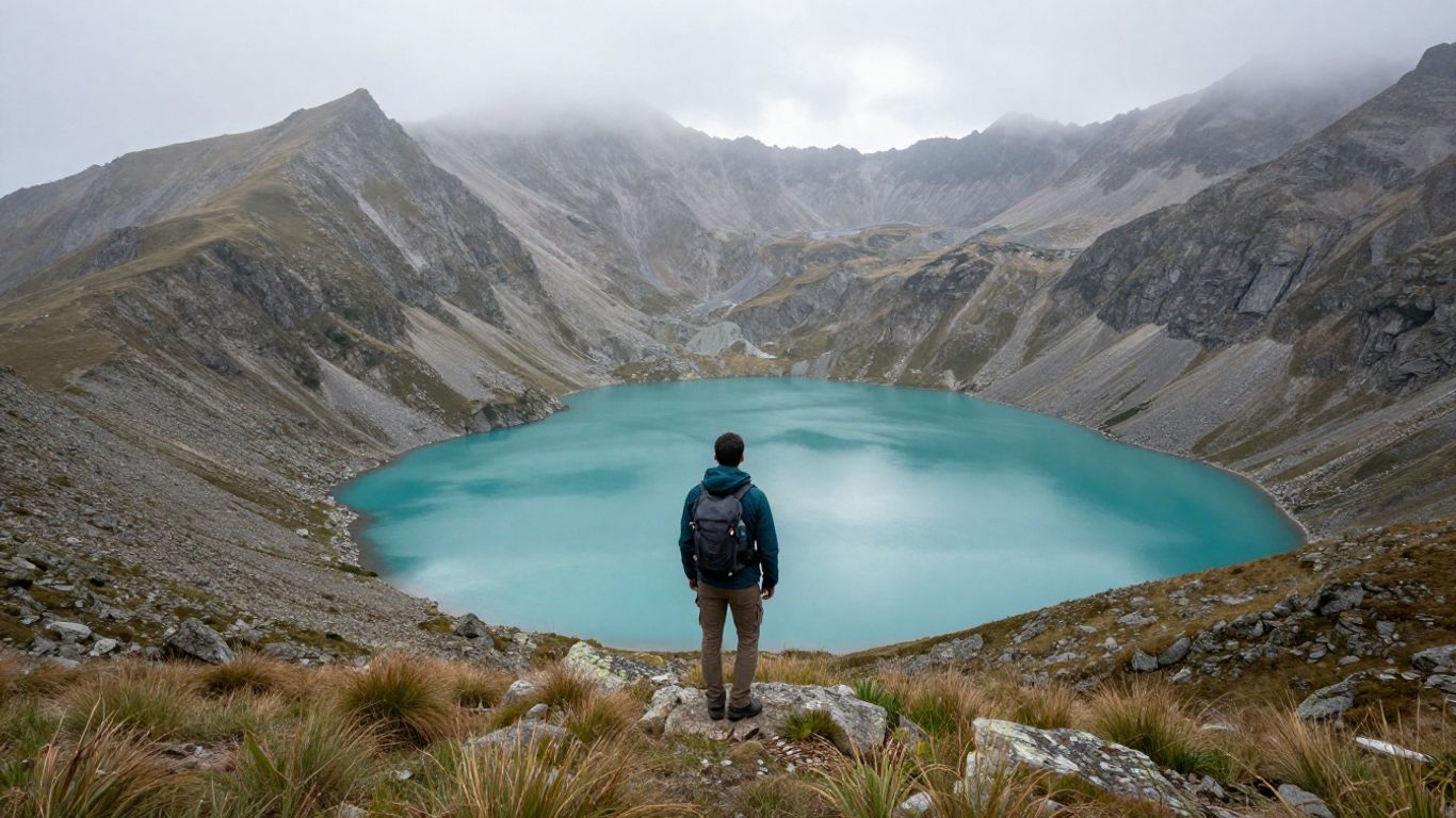 Mountain trail beside a turquoise alpine lake