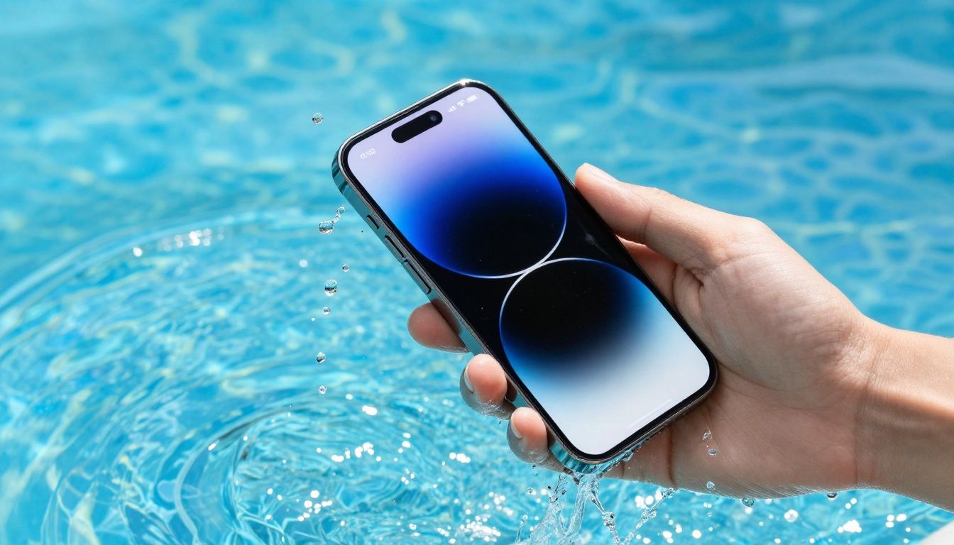 A person using their iPhone 17 Pro near a swimming pool, with water splashing nearby but not on the phone.