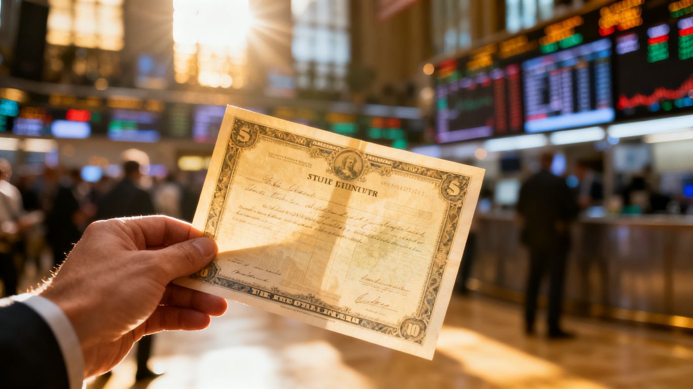 Hand holding a stock certificate, stock exchange background.