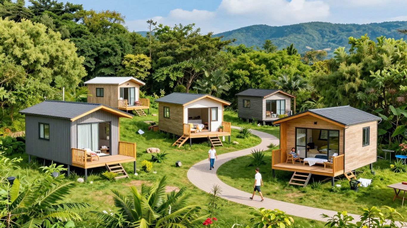 Tiny home community with modern small houses and greenery
