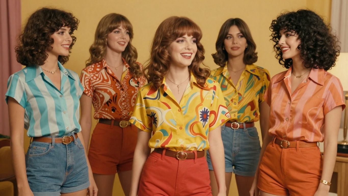 Women wearing colorful retro 70s groovy shirts.