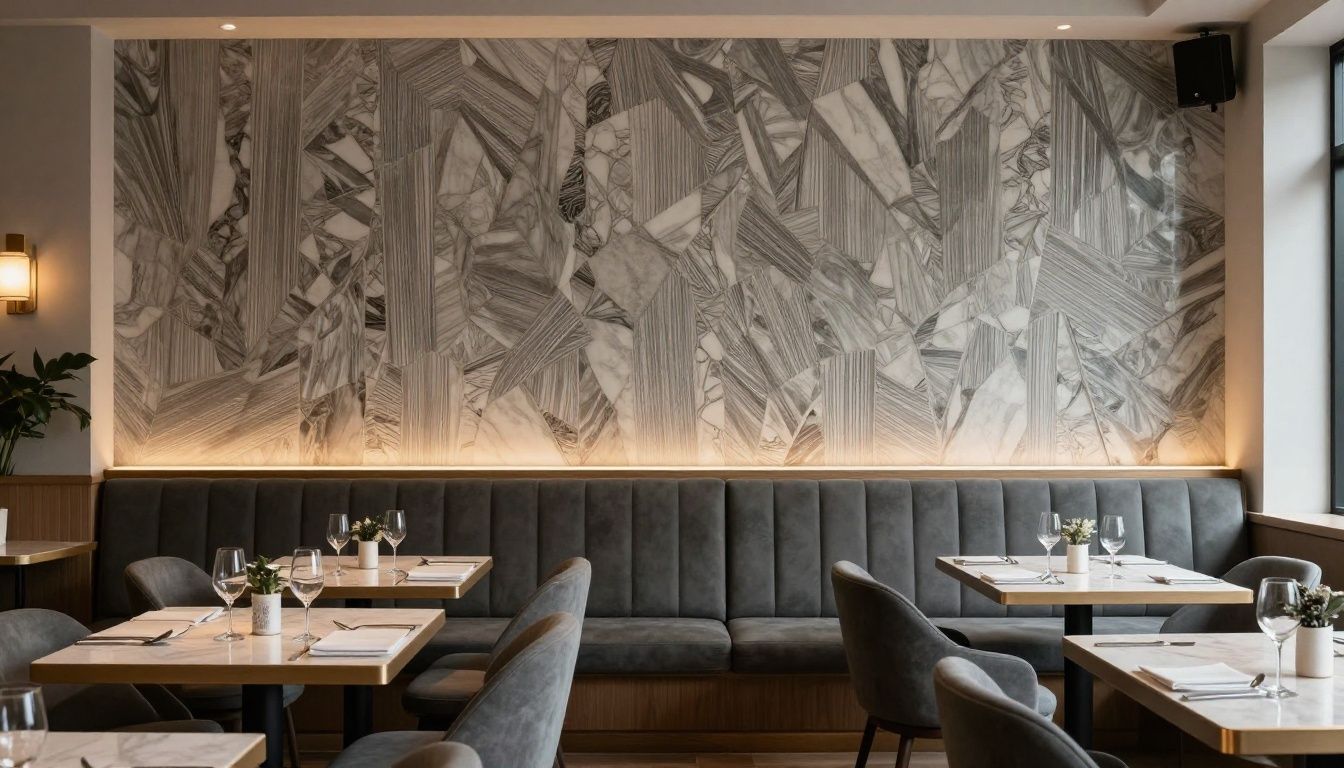 A stylish Bristol city-centre restaurant with a textured Marmorino feature wall behind the bar