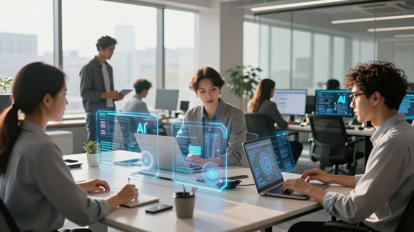 Professionals collaborating with AI interfaces in a modern office.