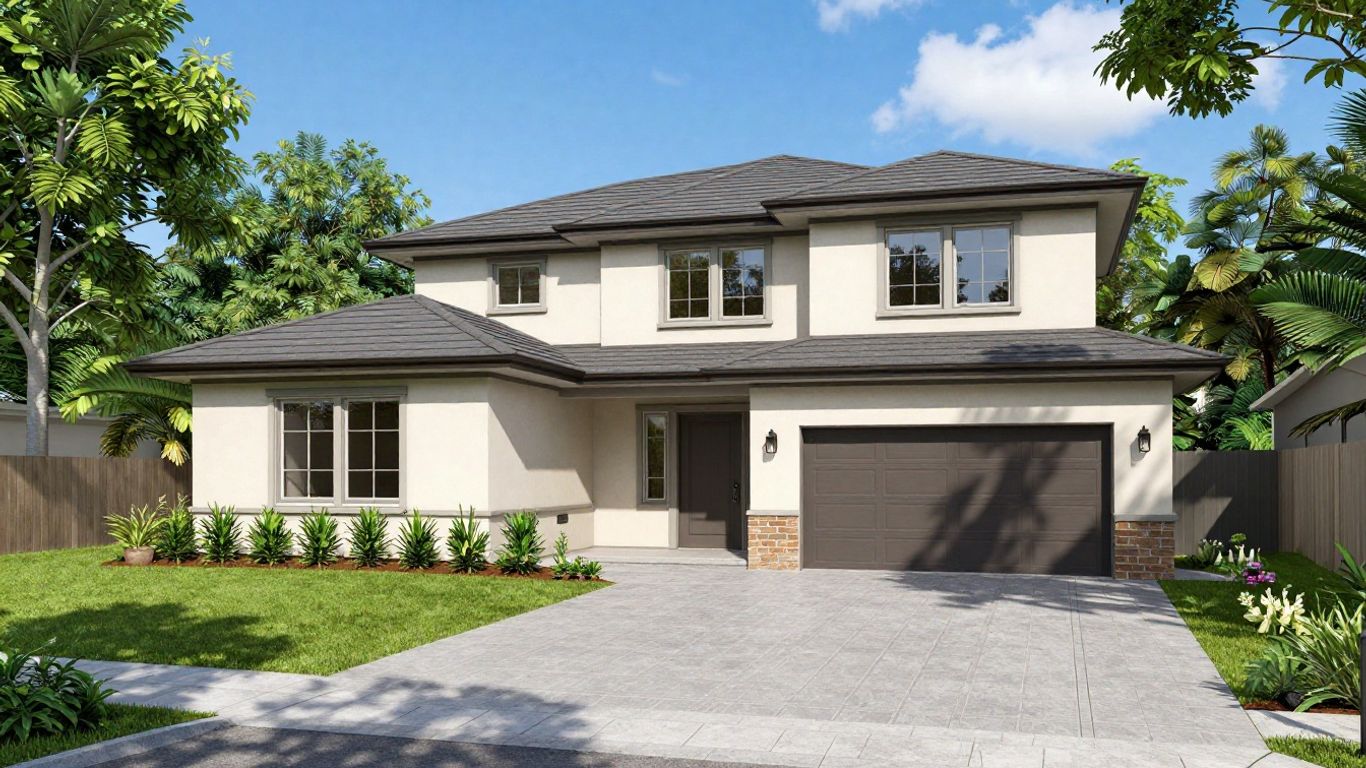 Casa moderna con jardín y cielo azul.