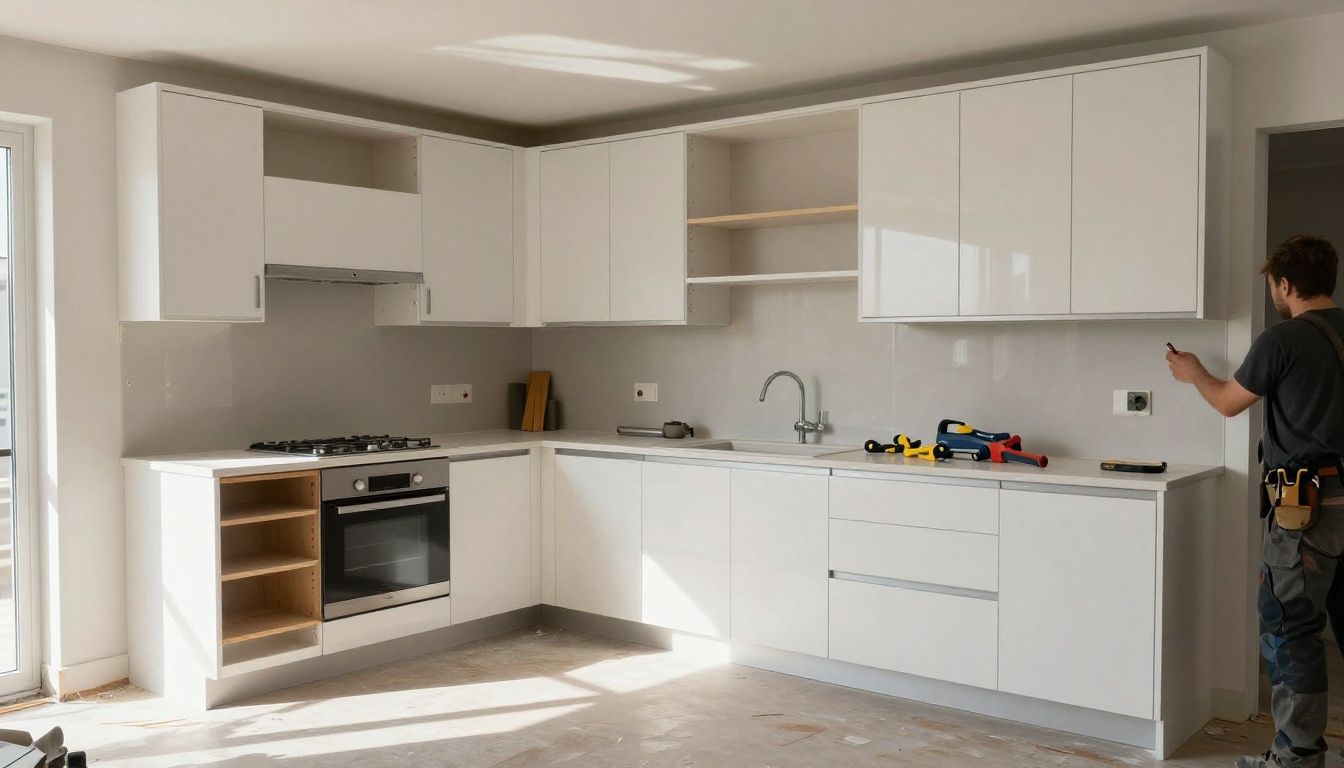Custom kitchen cabinets being installed in a modern home.