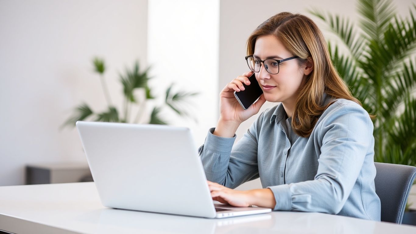 Persona hablando por teléfono junto a su laptop